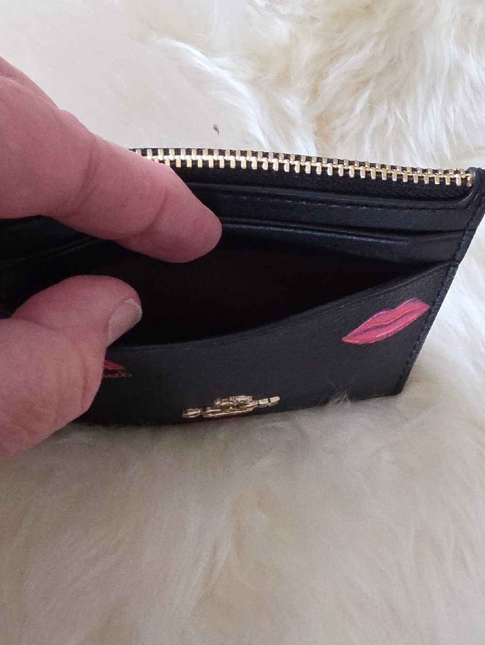 Coach Black Leather Pink Lips Mini Skinny ID Wallet & Key Ring 🖤💋🩷 - Picture 8 of 15